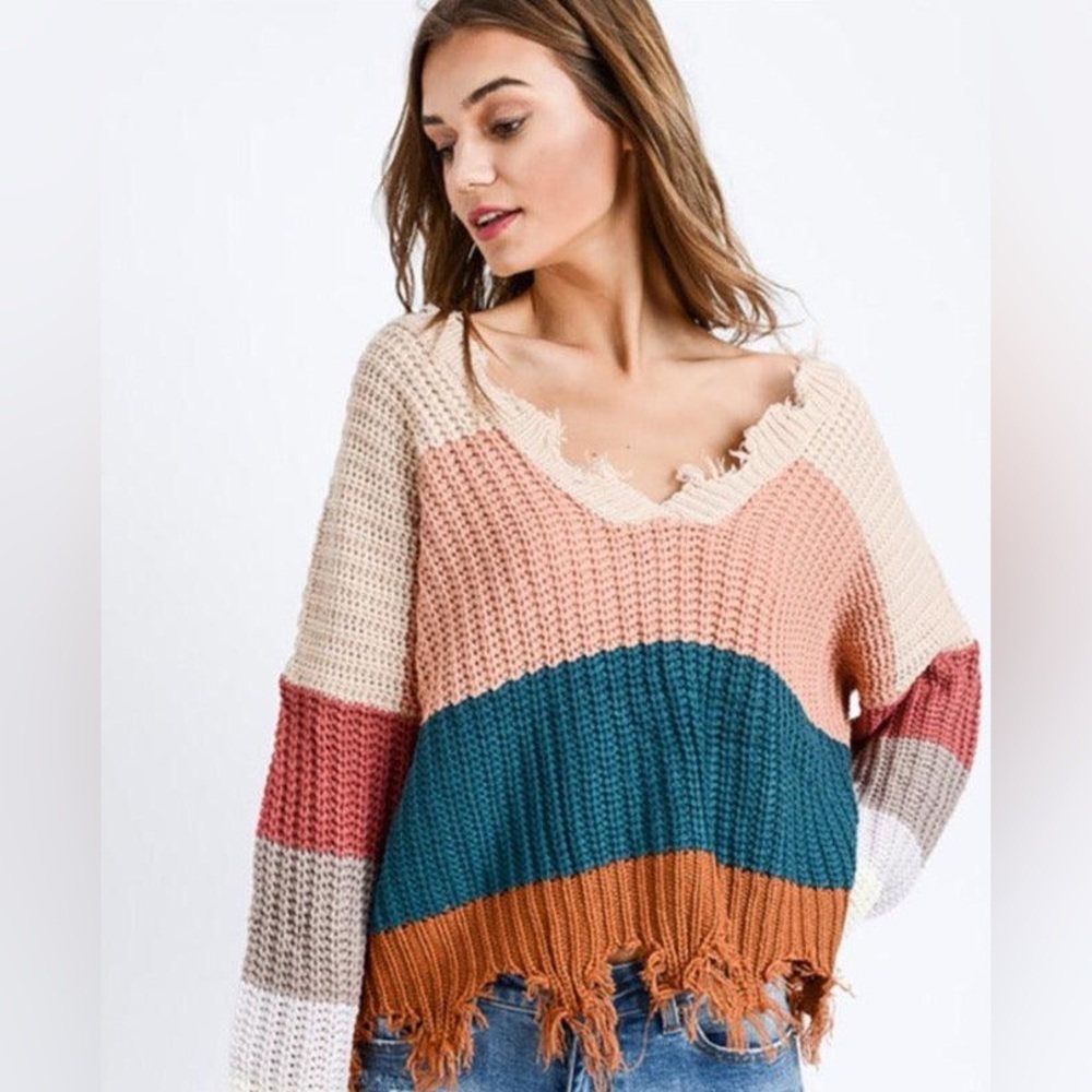 Women Distressed Multi Color Block Sweater - Picture 3 of 10